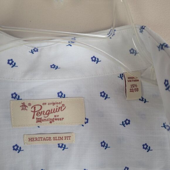 Original Penguin Slim Fit Floral Dress Shirt Long Sleeve White Blue Size 15.5 - Picture 13 of 13